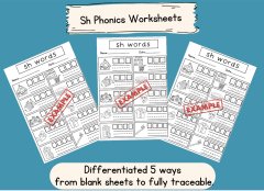 Sh traceable phonics worksheets - word segmenting and blending
