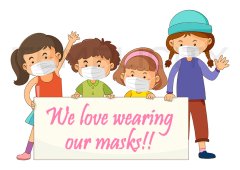 Children with masks and sign (editable text on sign)
