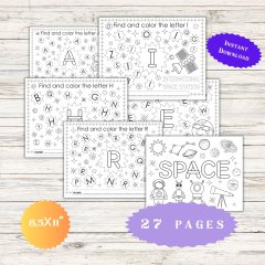 Alphabet Hunt Printable Find the Letters Coloring Worksheets Space Learning Bundle