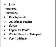 Junior Cert Irish Written Pieces ➢ Litir - Pearsanta  - Foirmeálta ➢ Ríomhphoist: ➢ An Díospóireacht  ➢ Óráid ➢ Fógra do Phost ➢ Cárta Phoist – Teimpléid ➢ Cur i Láthair