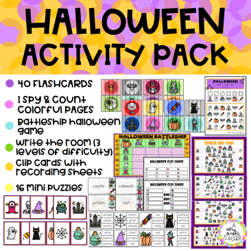 HALLOWEEN ACTIVITY PACK: puzzles, write the room, battleship, clip cards, I spy.