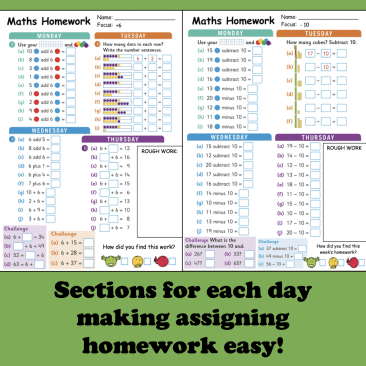 Addition and Subtract Tables Homework Sheets