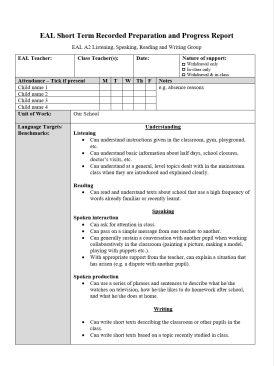 EAL Short Term Plans for the Year A2 Waystage Level - English as an Additional Language Short Term Recorded Preparation