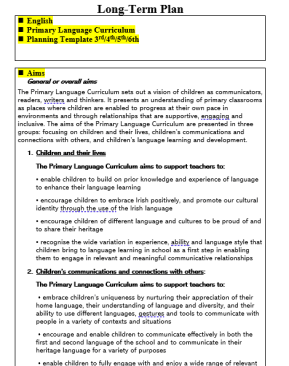 Primary Language Curriculum English Long Term Planning Template (3rd to 6th Class) and 5th Class Long Term Sample