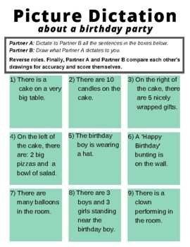 Picture Dictation Activity - Birthday Party