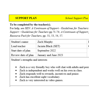 School Support Plus Plan - SSP+ plan example - Level 3 Continuum of Support Yearly SET Plan