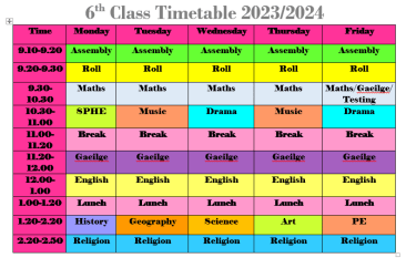 6th Class Timetable