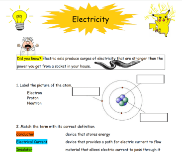 Electricity Worksheet for 5th & 6th Class