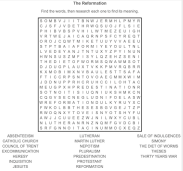 The Reformation Key terms word-search