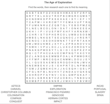 The Age of Exploration Key terms word-search