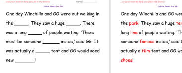 'Dance Shoes for GG' cloze passage worksheets