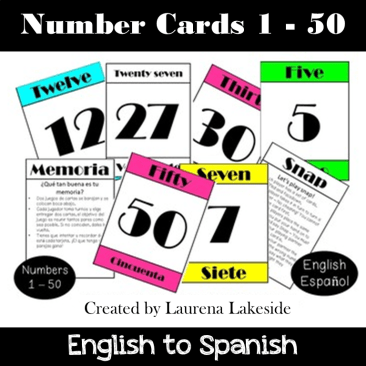 Number cards 1 to 50 English and Spanish