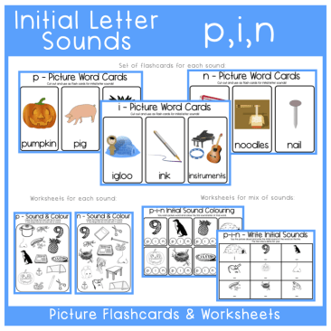 Phonics - Initial Sounds: P, I, N  Flashcards & Worksheets