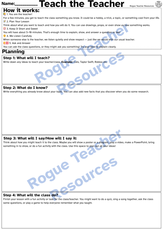 Mash > 3rd / 4th Class > Teach the Teacher Template Worksheet Student ...