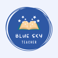 Book with stars coming out of it with the text 'Blue sky Teacher' beneath it